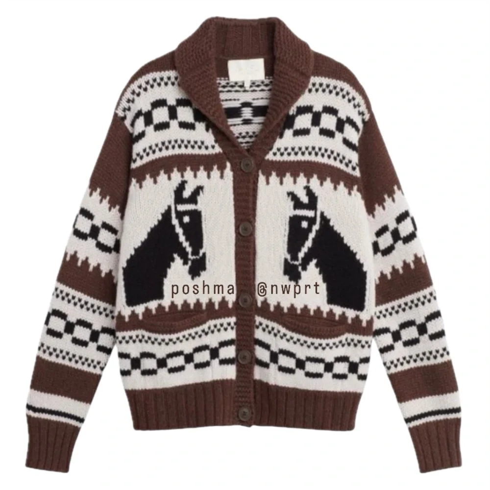 Naked Cashmere ๐ด Ryder Cardigan Intarsia Knit Sweater Horse Pony Brown Black XS - Picture 4 of 13